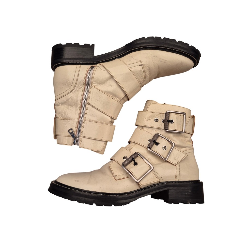 Rag & Bone Leather Moto Ankle Boots Triple Strap Cannon Buckle Cream 39 / 9 US